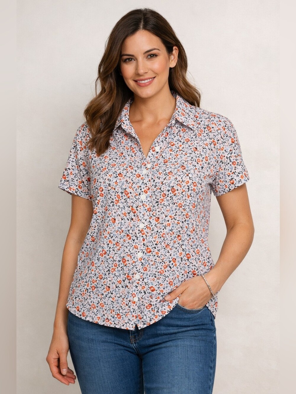 Karen Scott Floral Button‑Front Top – Size Large